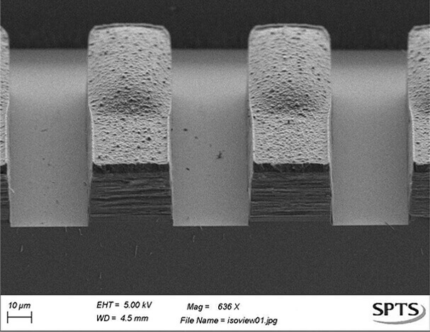 22µm deep trenches through SiO2 -metal oxide filter stack on Si wafer